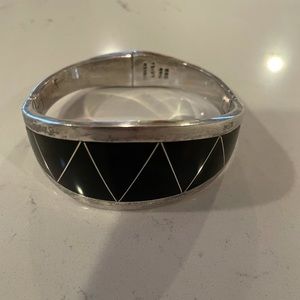 Silver Mexican Cuff Bracelet with Onyx Inlay